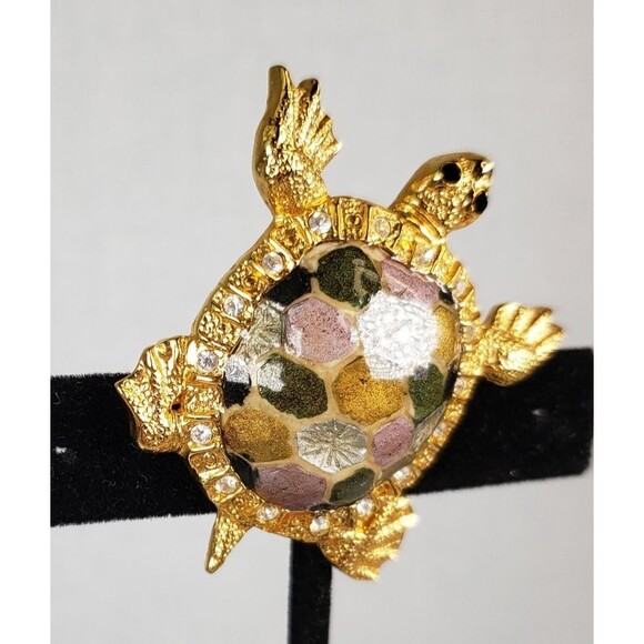 Vintage 1980 St. John Signed Gold Tone  And Rhinestone Elegant Turtle Brooch Pin - Picture 3 of 14